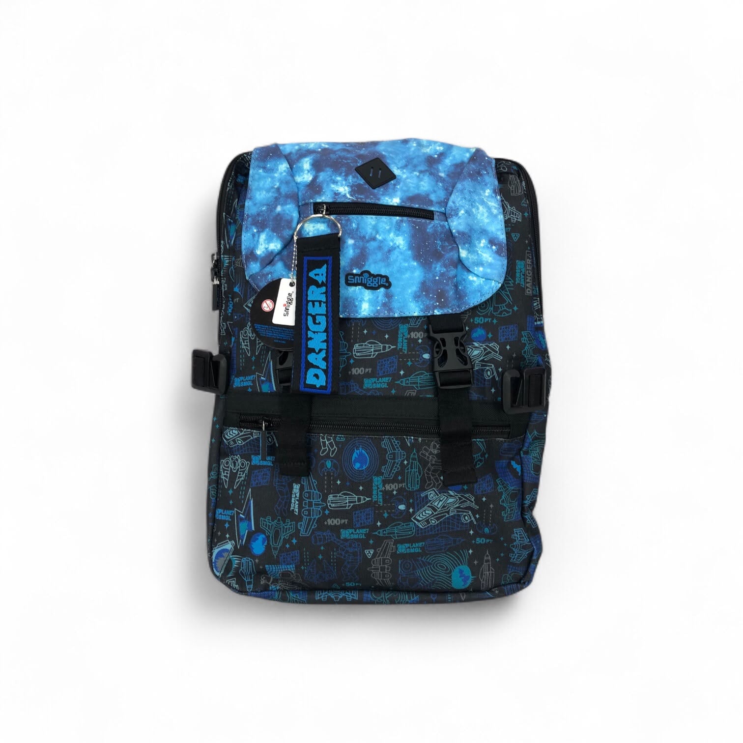 Space explorer school backpack, blue-black pattern, front view with DANGER vertical tag